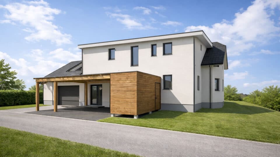 Aufstockung Einfamilienhaus St. Pantaleon mit zweiter Wohneinheit und Flachdach-Einschnitt